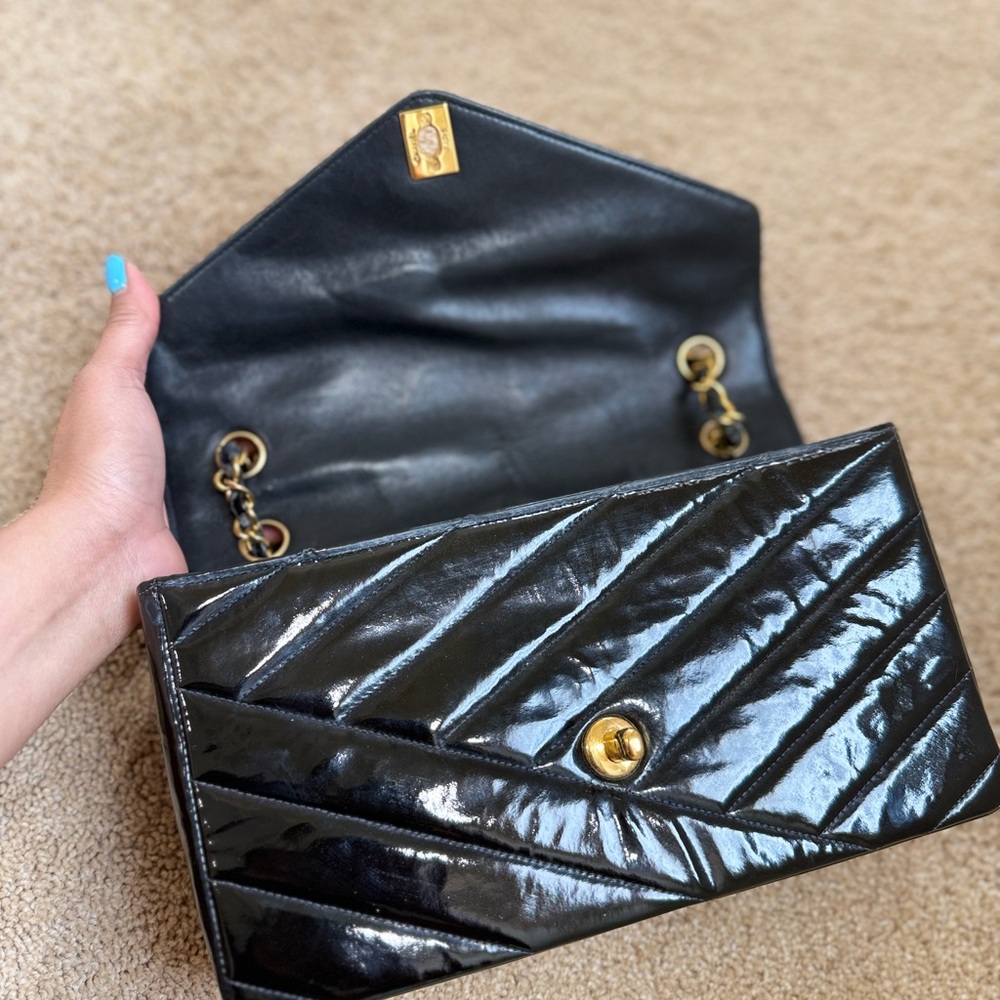 CHANEL Diagonal Quilted Black Patent Leather Shoulder Bag - Picture 8 of 16